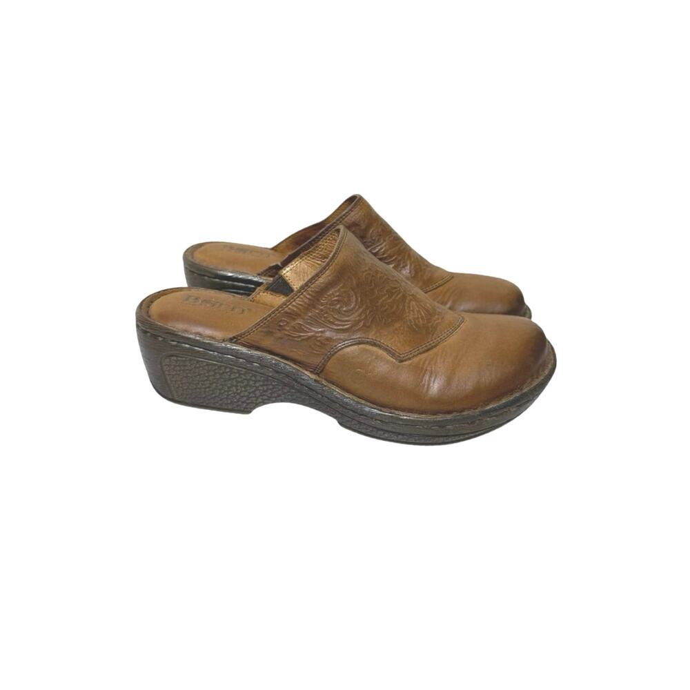 Born Women's Size 7  Brown Soft Finished Tooled Leather Slip On Mules Shoes